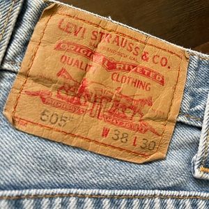 Levi’s 505 denim blue jeans, size 38 x 30, good condition, regular fit.